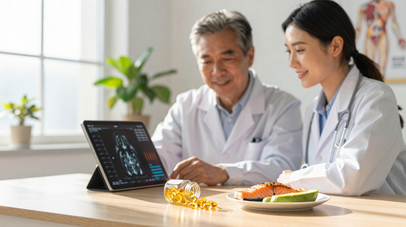 Médico com estetoscópio analisa exame num tablet com suplemento e prato de salmão e abacate numa mesa.