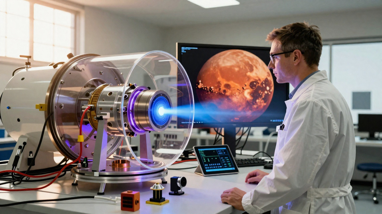 Cientista numa sala de laboratório observando um motor espacial com plasma azul em funcionamento.