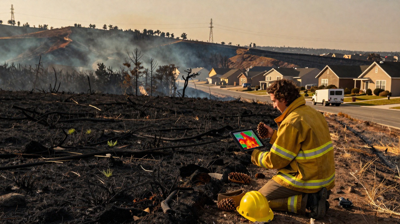 Bombeiro analisa área ardida com tablet após incêndio florestal perto de uma habitação suburbana.