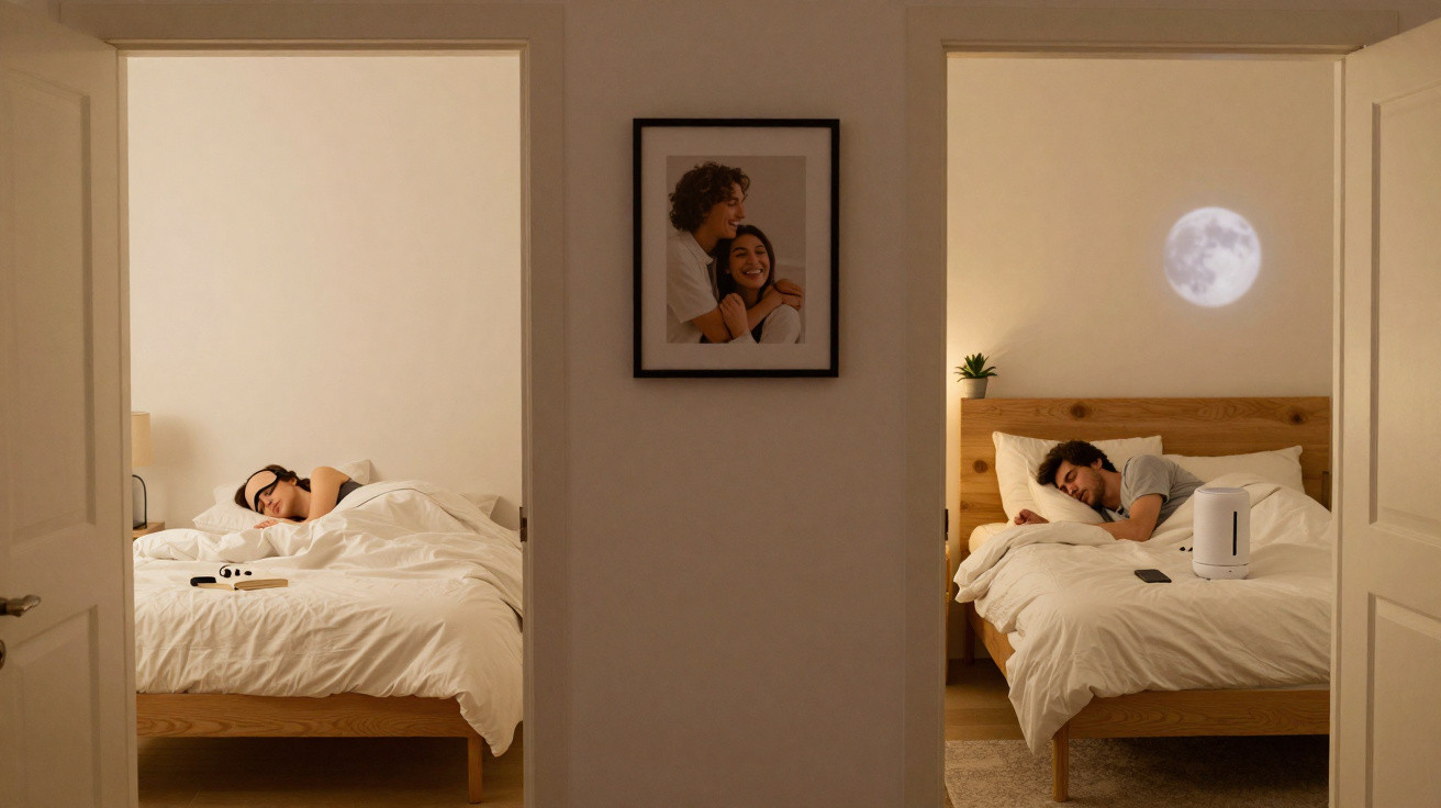 Duas pessoas a dormir em quartos separados com camas brancas, separados por uma parede com uma foto de casal.