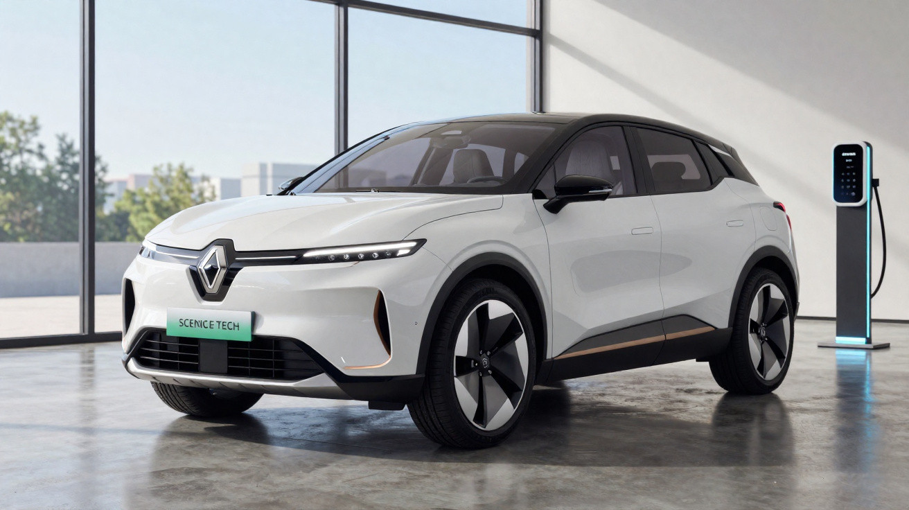 Carro elétrico branco Renault Scenic E-Tech estacionado num espaço interior moderno com estação de carregamento.