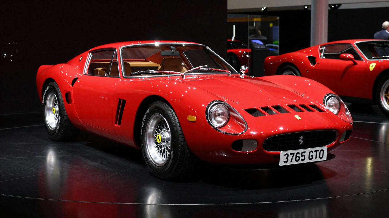 Automóvel Ferrari clássico vermelho exposto em museu com fundo escuro e reflexos no chão.