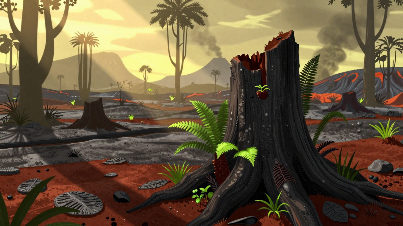 Paisagem vulcânica com cinzas, árvores queimadas e vegetação a crescer em redor de um tronco carbonizado.