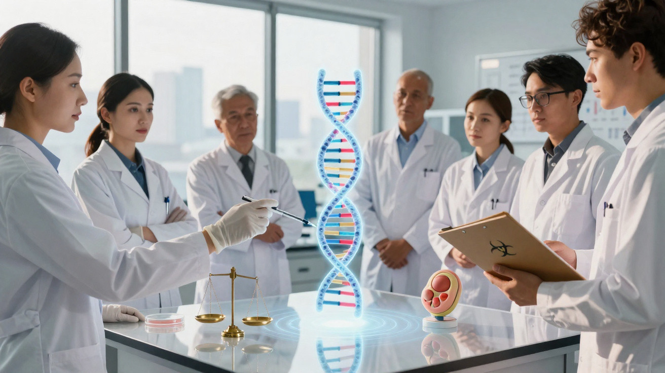 Grupo de cientistas em laboratório a estudar modelo digital de DNA em holograma.