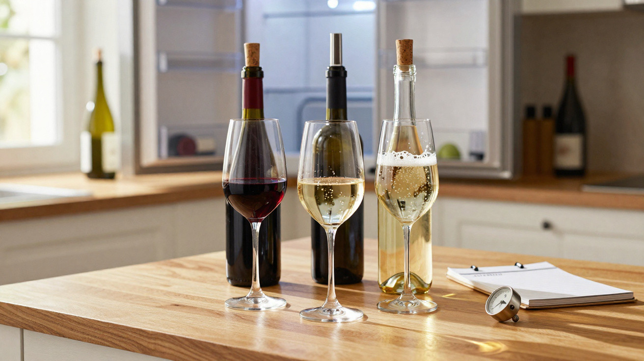 Garrafa e copo de vinho tinto, vinho branco e espumante numa cozinha com bancada de madeira.