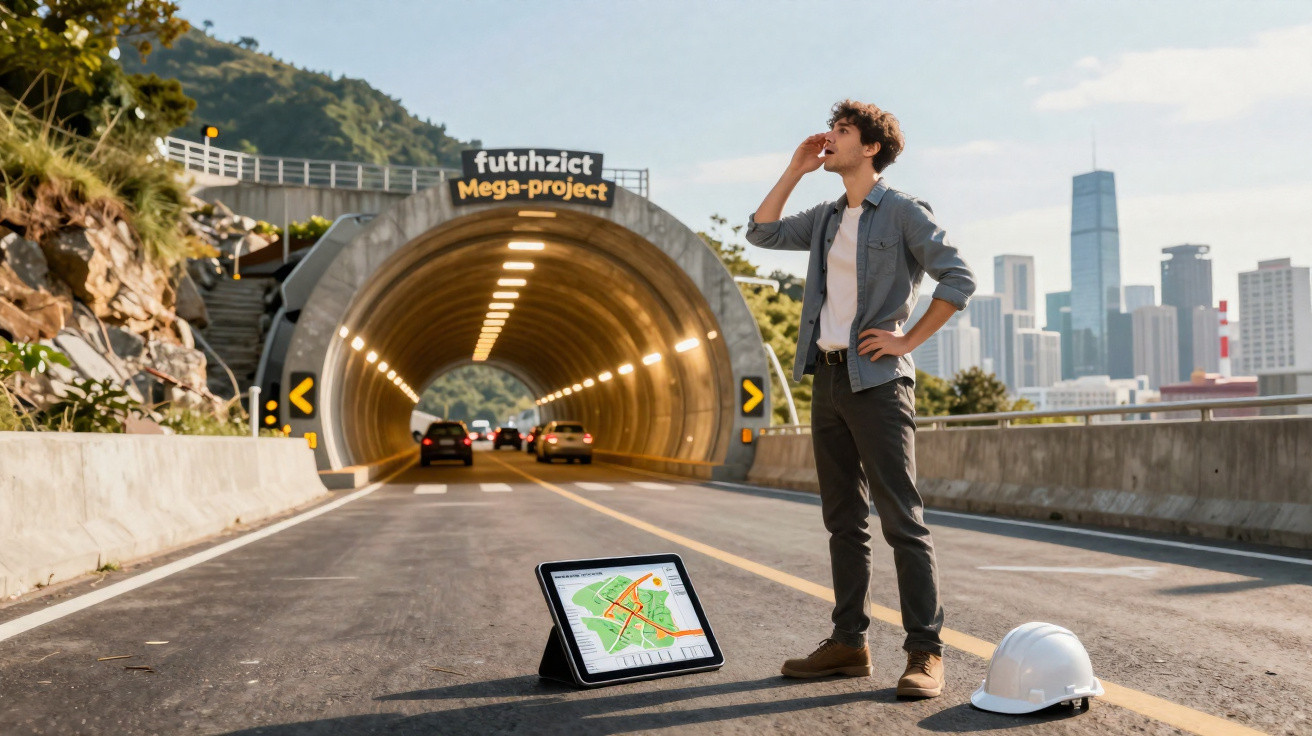 Homem de pé na estrada junto a capacete e tablet com mapa, em frente a túnel iluminado e carros.