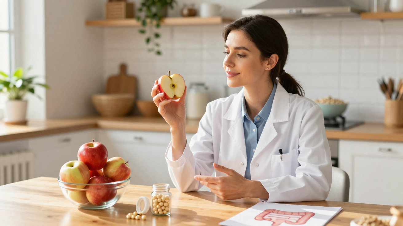 Mulher médica com bata branca segurando meia maçã e explicando saúde intestinal numa cozinha.