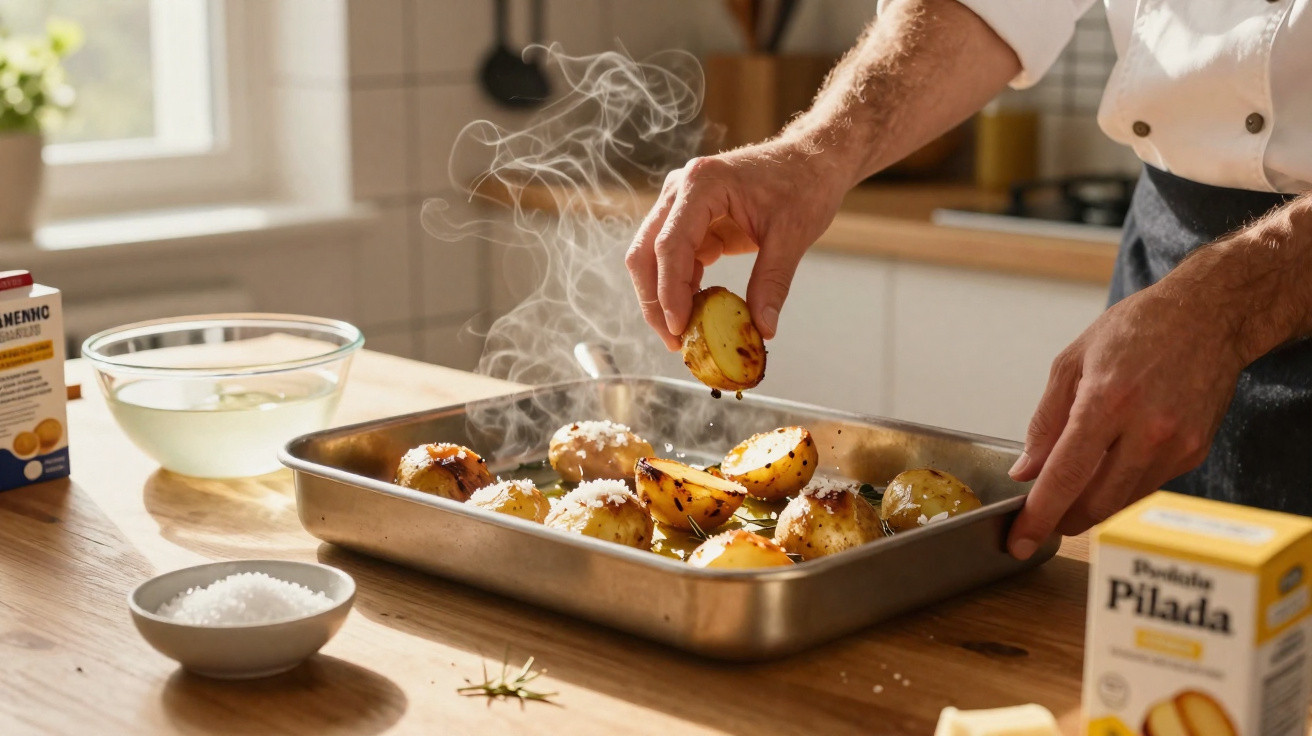 Mãos de cozinheiro temperando batatas assadas fumegantes numa tabuleiro metálico numa cozinha iluminada.
