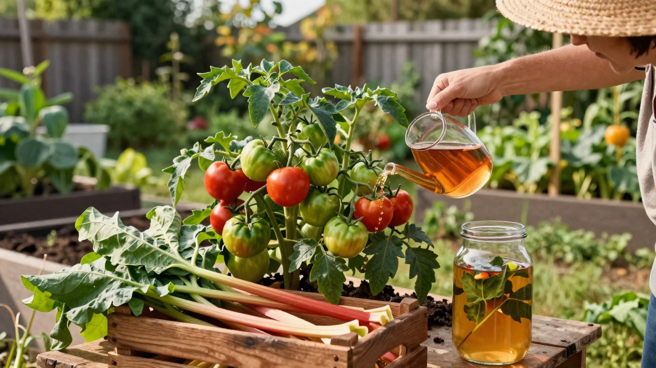 Pessoa a regar planta de tomate com chá em quinta urbana, com caixa de ruibarbo à frente.